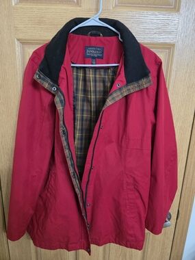 Pendleton Red Jacket with Black Collar and Plaid Trim